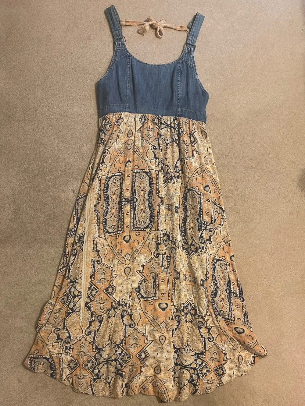 Free People Denim-Style Midi Dress with Navy Blue and Gold Accents